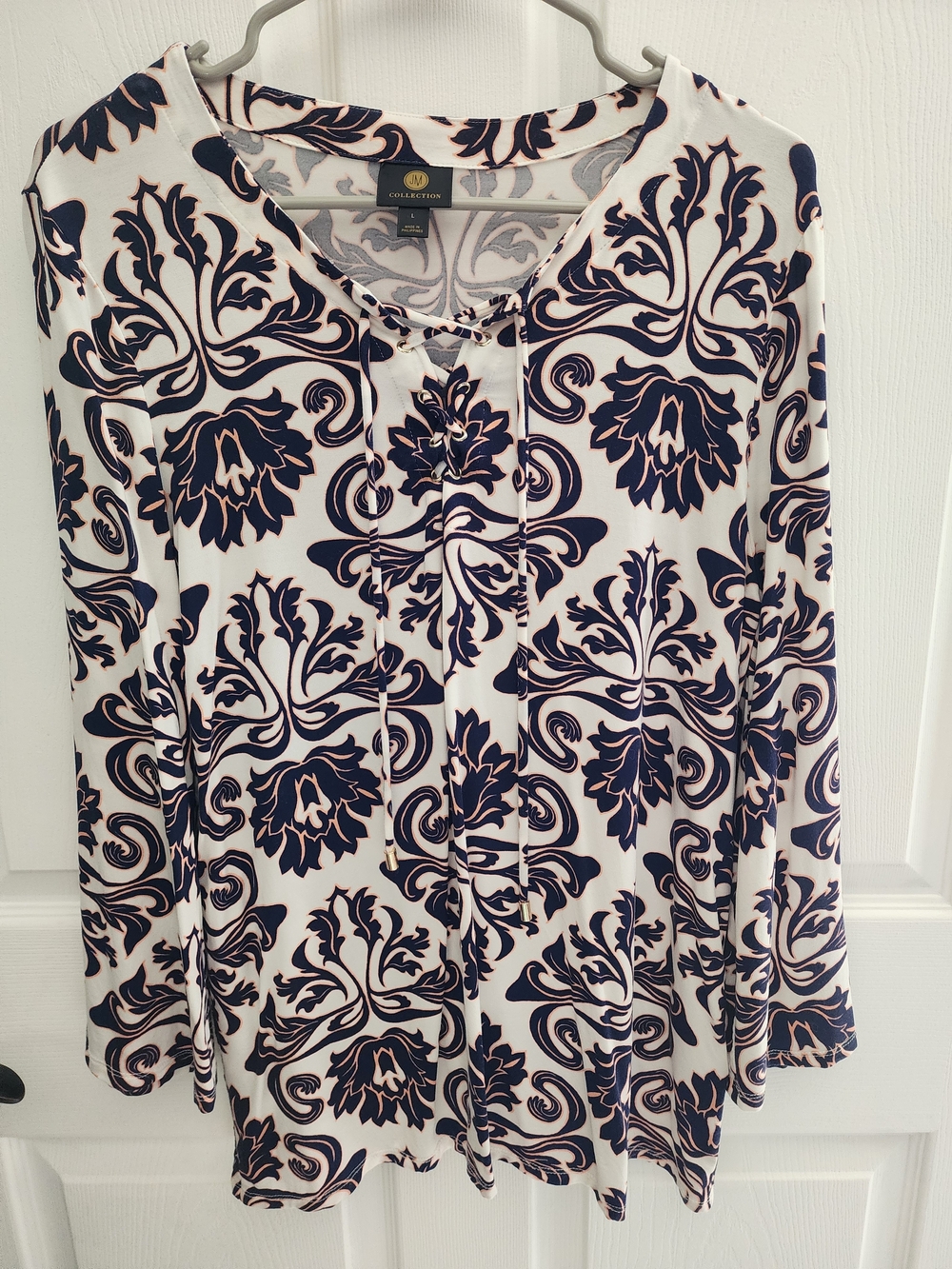 Lace-Up Floral Print Bell Sleeve Tunic Top White Navy And Soft Pink